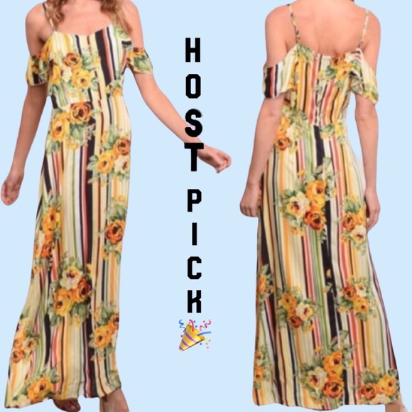 Dresses & Skirts - YELLOW FLORAL COLD SHOULDER STRIPE DRESS